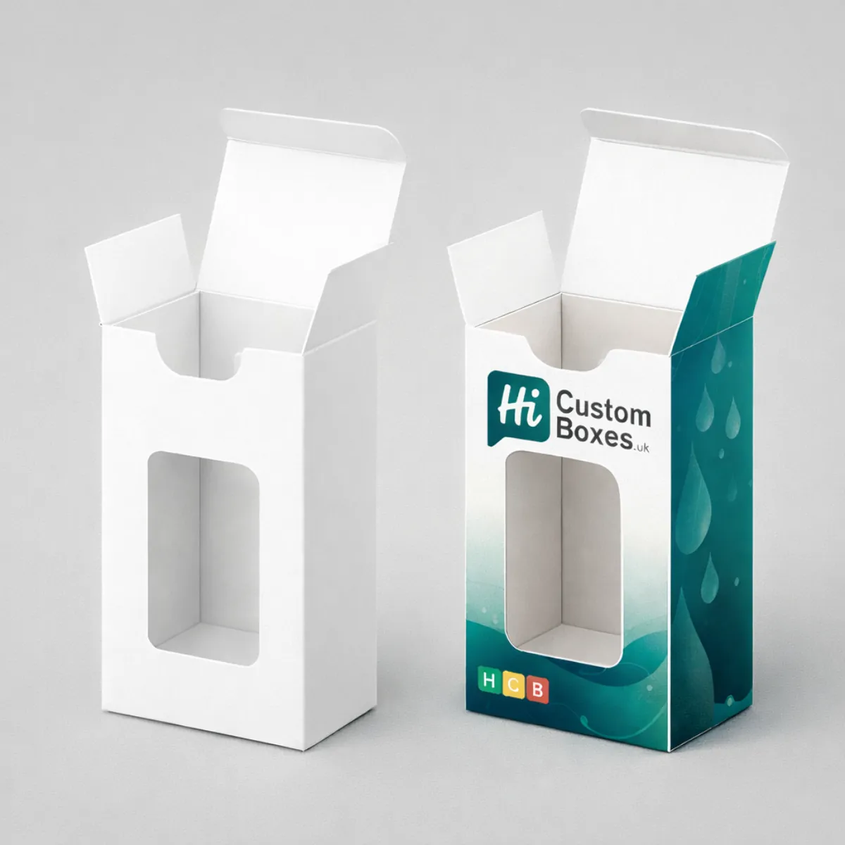 Two tall- upright cardboard retail boxes with rectangular window cut-outs and open top flaps for bottles- class=